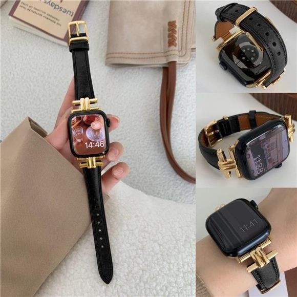 NEW Black/Gold Leather Apple Watch Band